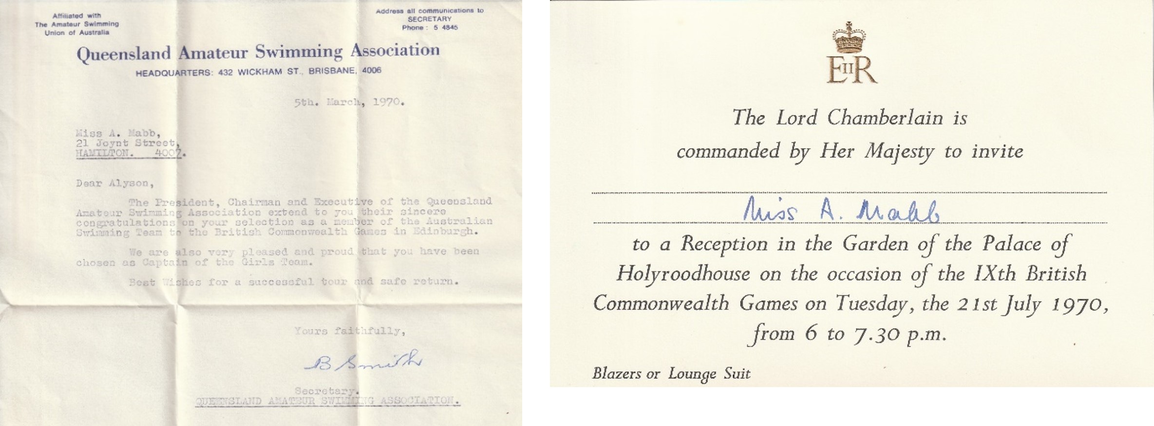 Qld Amateur Swimming Association letter to Allyson re Captain of the Girls Team March 1970 and Invitation from Her Majesty the Queen to Reception for IXth British Commonwealth Games 21 July 1970 